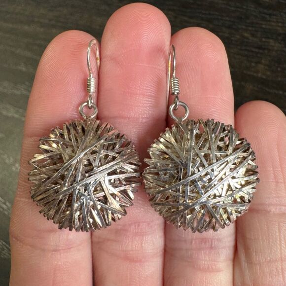 MILOR Italy Sterling Silver 925 Wire Mesh Dangle Earrings Vintage Round Puffy - Picture 7 of 10